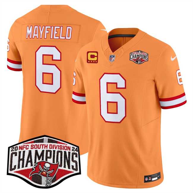 Mens Tampa Bay Buccaneers #6 Baker Mayfield Orange F.U.S.E. 2024 NFC South Champions With 4-Star C Patch Limited Stitched Jersey